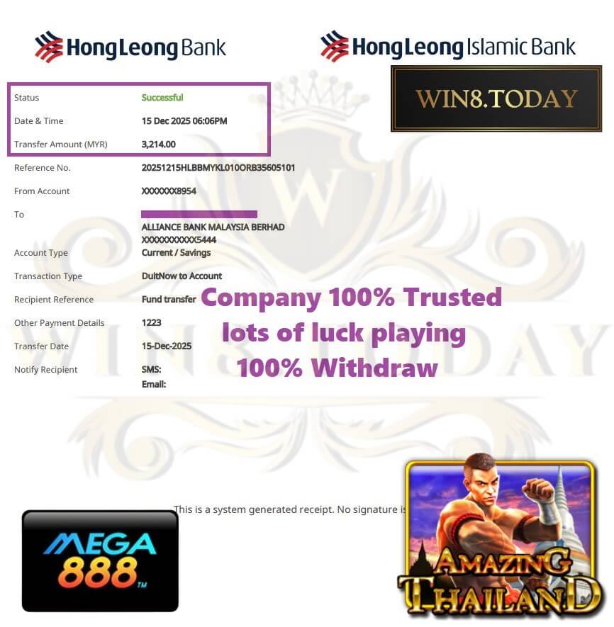 Bank transfer slip showing my Mega888 payout hitting the account