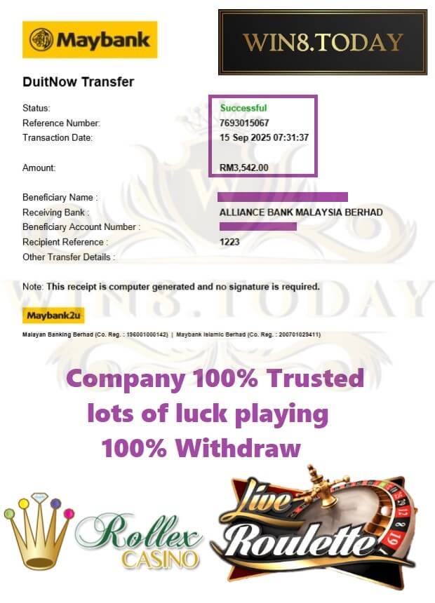 Bank transfer slip showing my big win payout