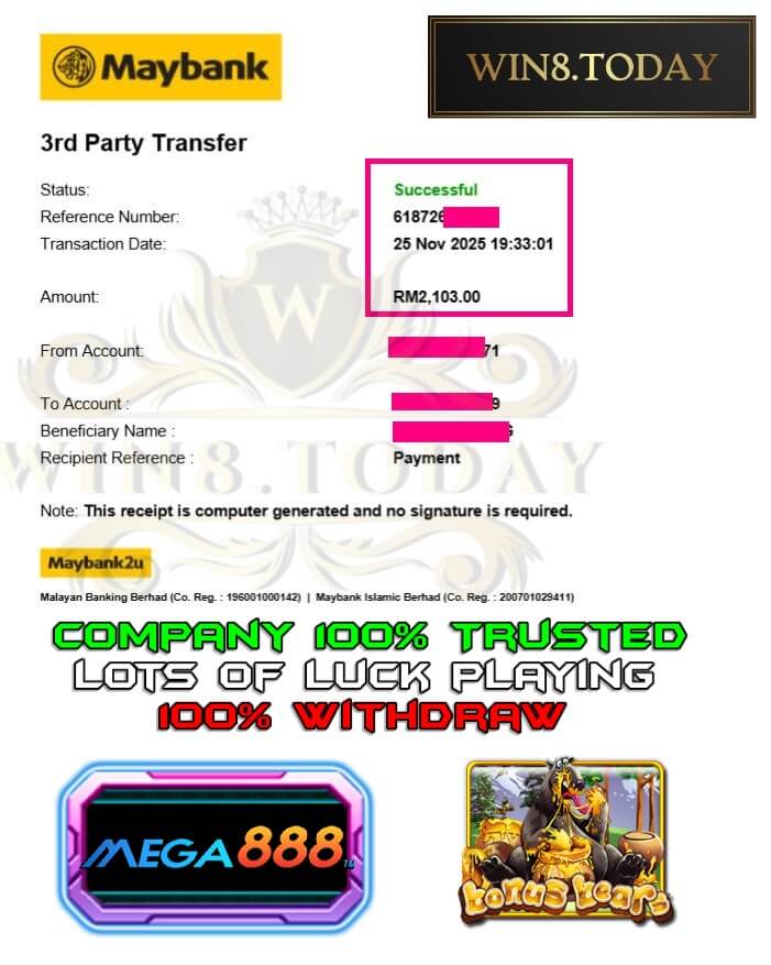 Bank transfer proof showing my jackpot payout