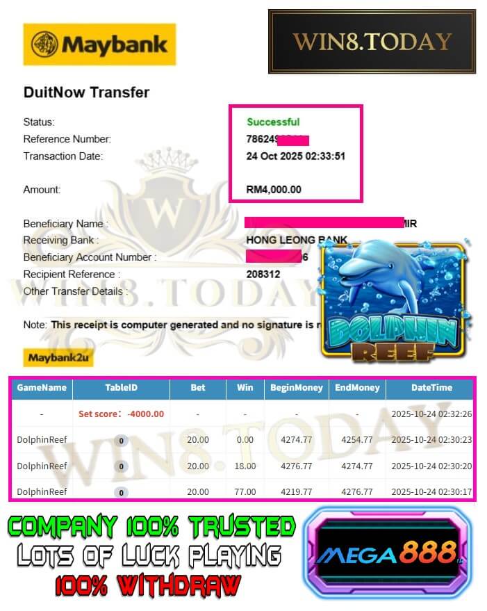 Bank transfer proof of my Mega888 winnings