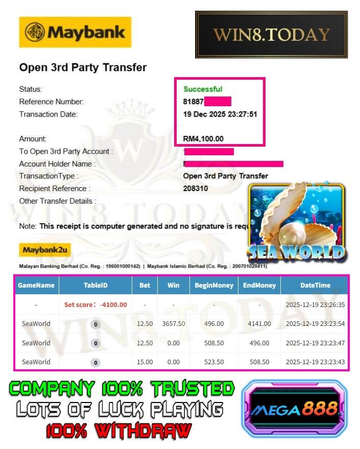 Proof of my big payout from Mega888