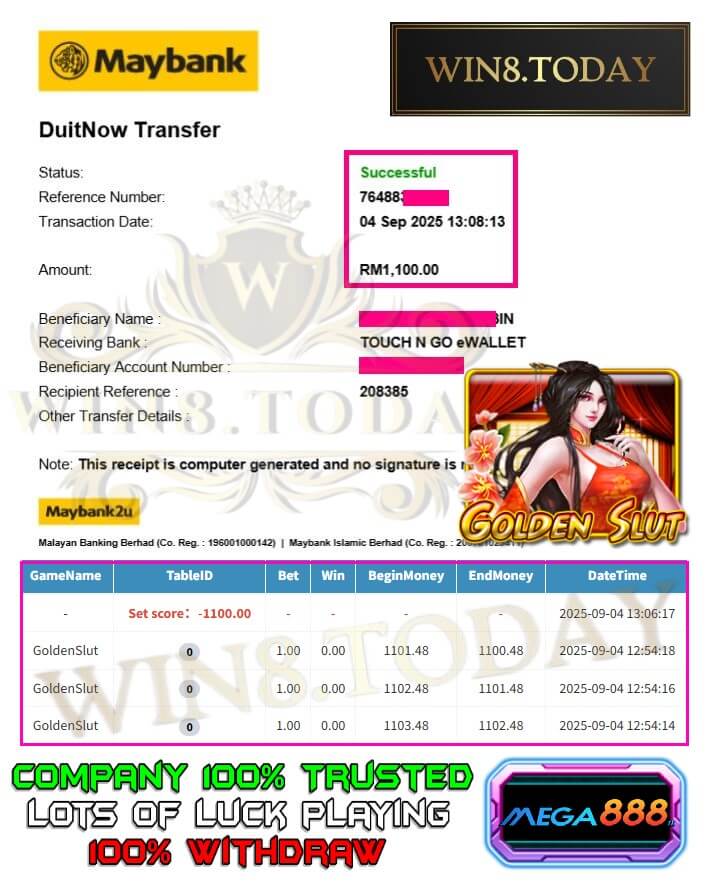 Bank transfer confirmation showing my gaming payout hitting the account