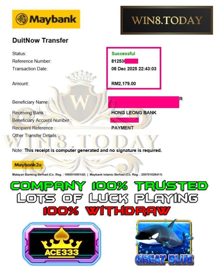 Bank transfer slip showing my gaming payout