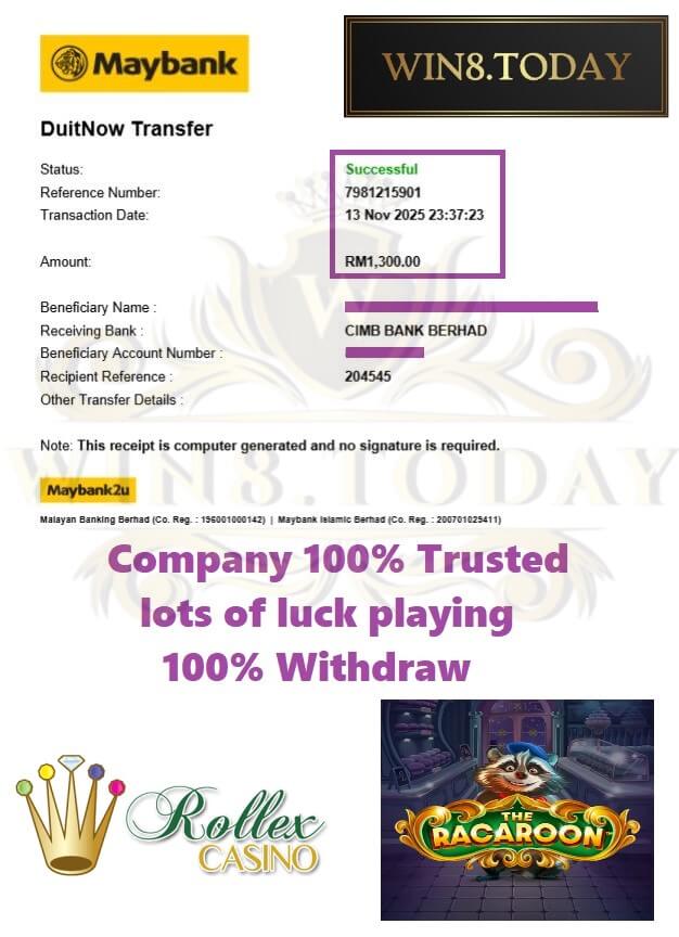 Bank transfer confirmation showing my gaming payout