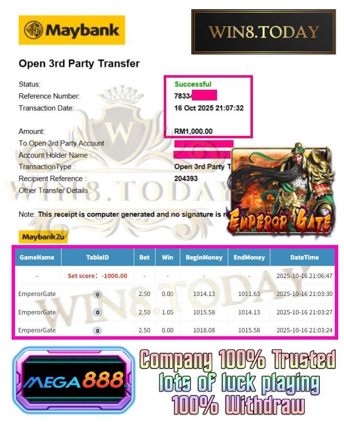 Bank transfer confirmation of my big win