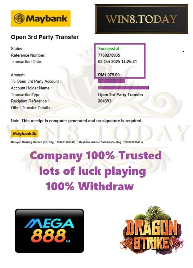 Bank transfer proof showing my Mega888 winnings