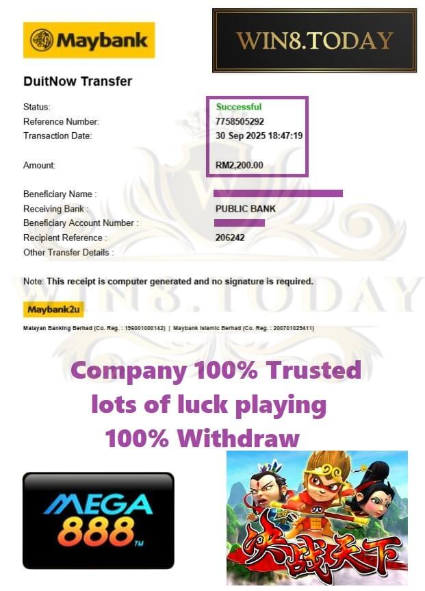 Bank transfer showing my Mega888 payout