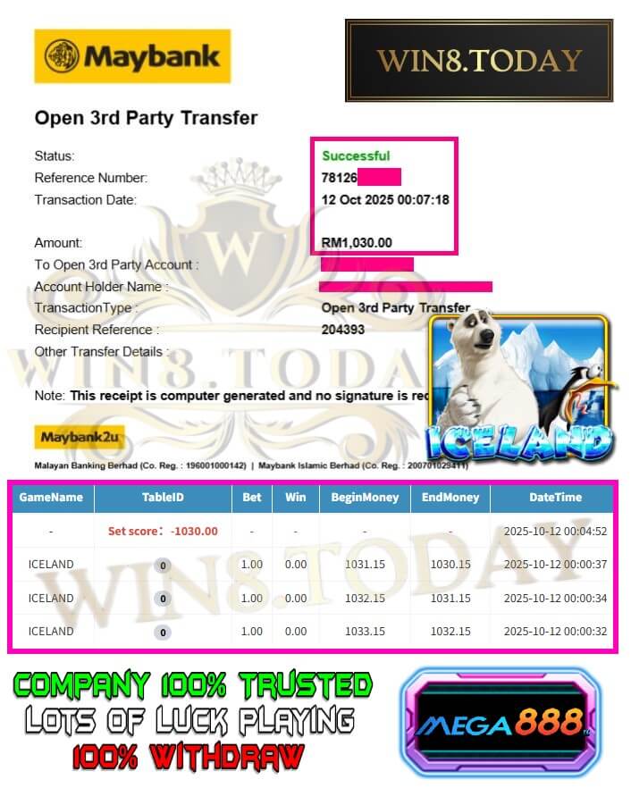 Bank transfer proof showing my Mega888 winnings hitting my account