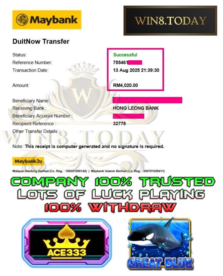 Bank transfer slip showing my ACE333 winnings cleared