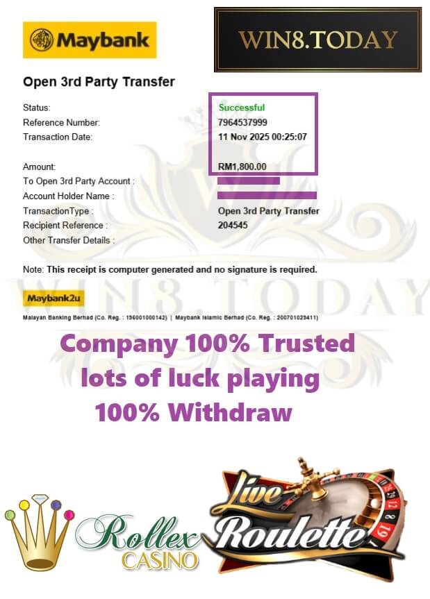 Bank transfer confirmation for my Rollex11 winnings