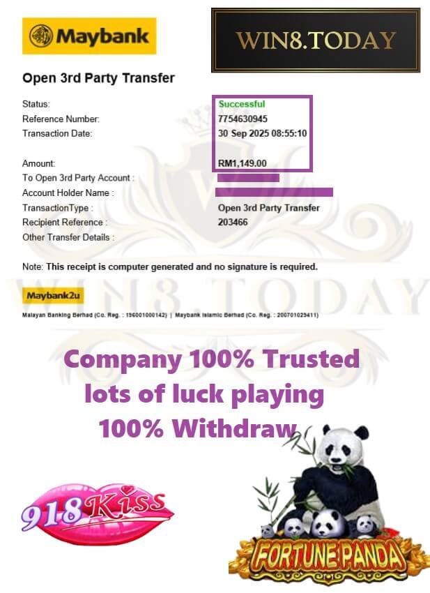 Bank transfer confirmation showing my gaming payout