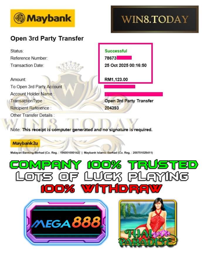 Bank transfer proof from my latest Mega888 win
