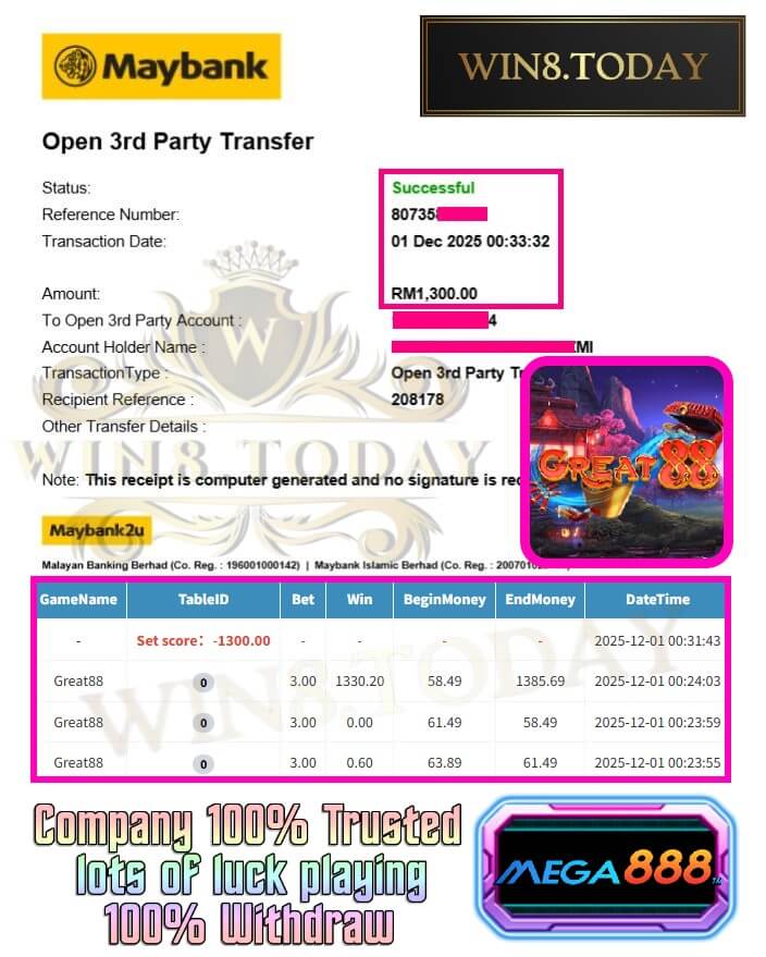 Bank transfer proof showing Mega888 payout