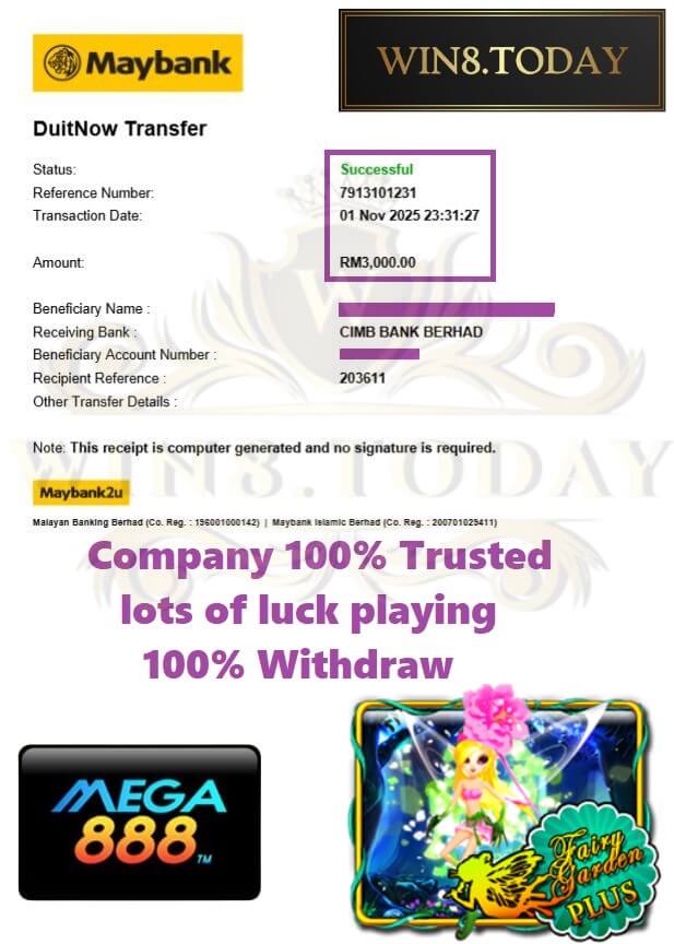 Bank transfer proof showing my Mega888 winnings hitting the account